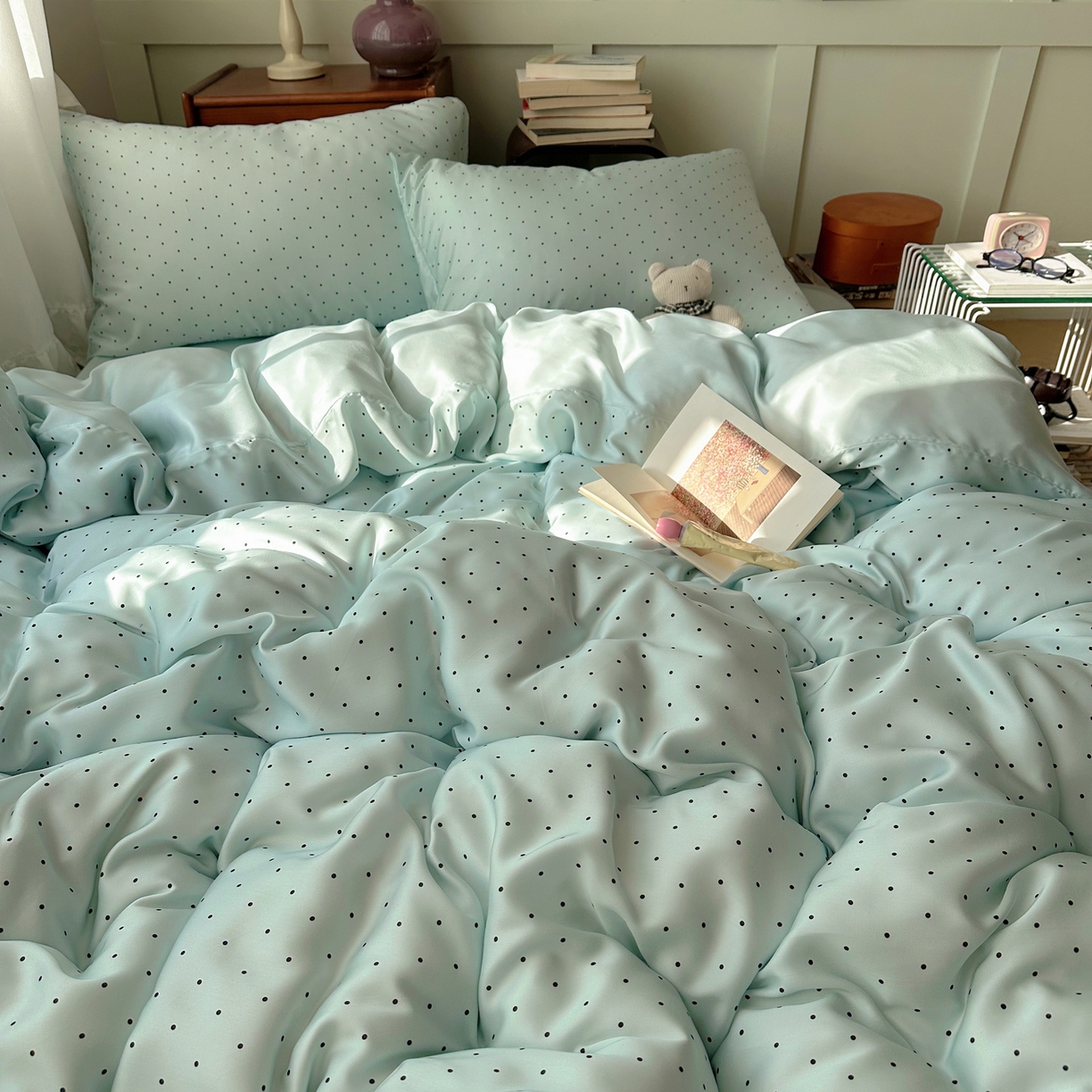 91家纺网 家纺一手货源 找家纺 爱彼家纺 2026新款亲肤印花柔软睡眠床品四件套-冰丝系列 冰丝-青雾波点