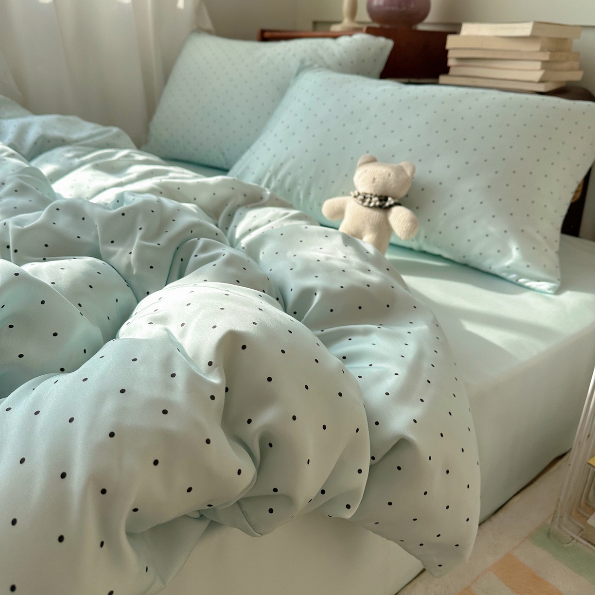 91家纺网 家纺一手货源 找家纺 爱彼家纺 2026新款亲肤印花柔软睡眠床品四件套-冰丝系列 冰丝-青雾波点