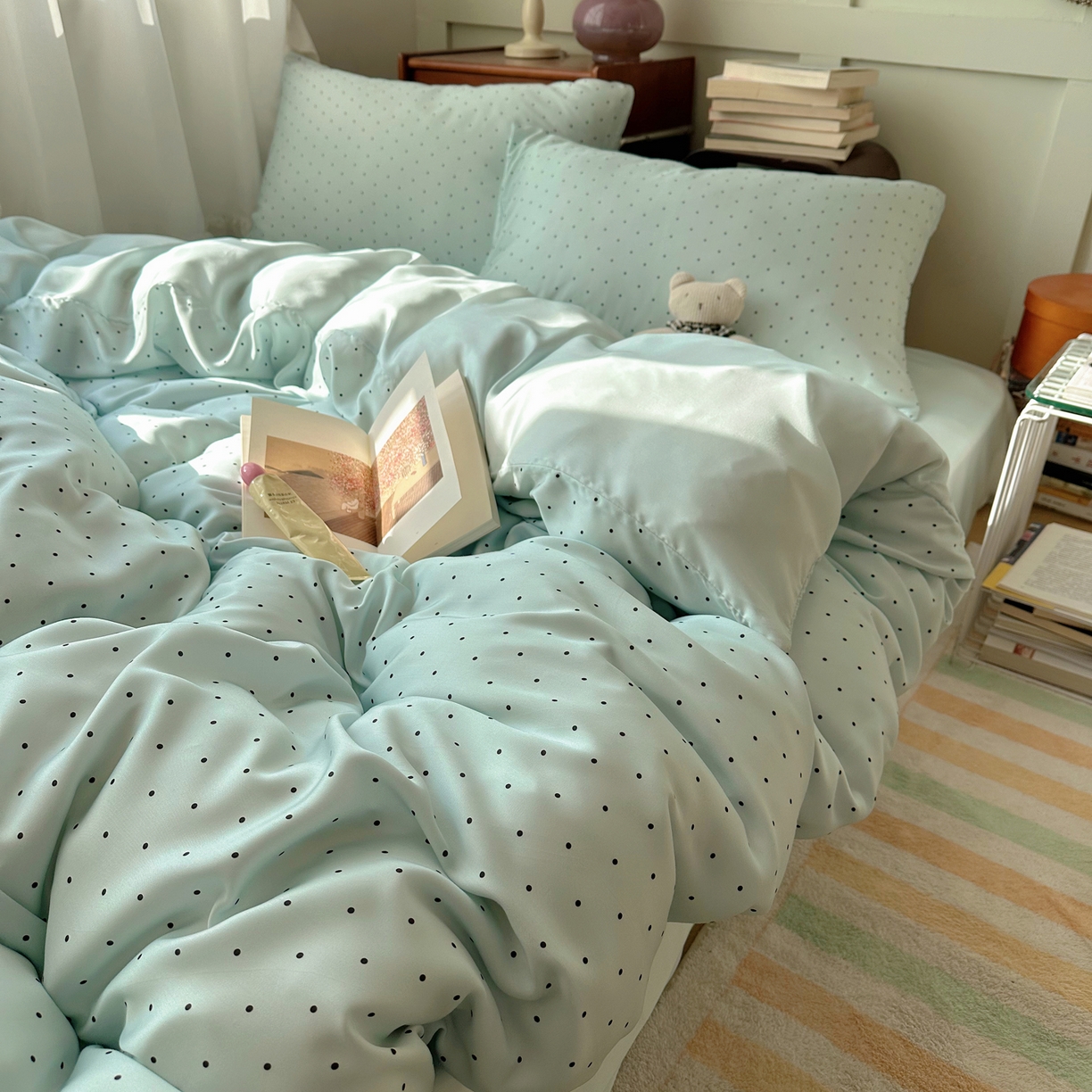 91家纺网 家纺一手货源 找家纺 爱彼家纺 2026新款亲肤印花柔软睡眠床品四件套-冰丝系列 冰丝-青雾波点
