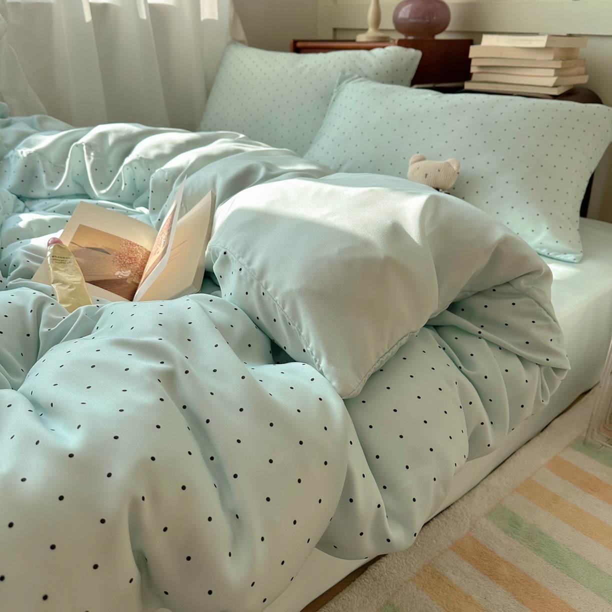 91家纺网 家纺一手货源 找家纺 爱彼家纺 2026新款亲肤印花柔软睡眠床品四件套-冰丝系列 冰丝-青雾波点