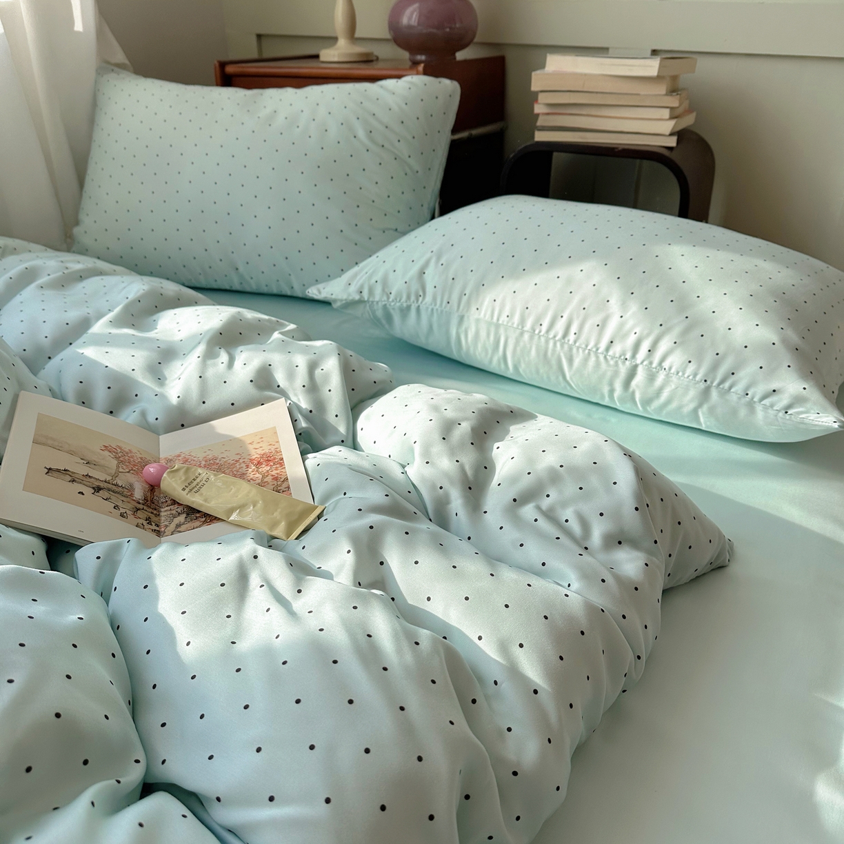 91家纺网 家纺一手货源 找家纺 爱彼家纺 2026新款亲肤印花柔软睡眠床品四件套-冰丝系列 冰丝-青雾波点