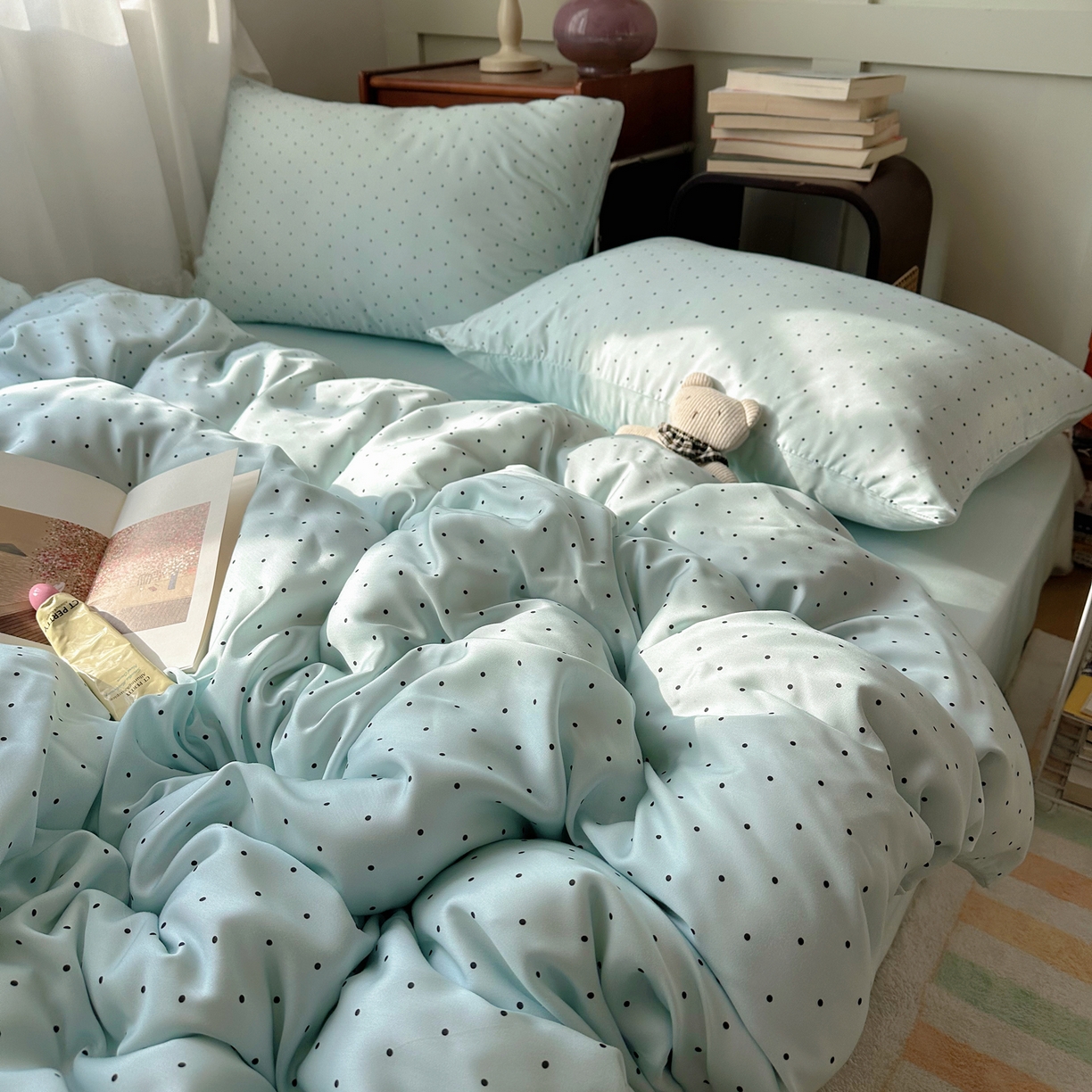 91家纺网 家纺一手货源 找家纺 爱彼家纺 2026新款亲肤印花柔软睡眠床品四件套-冰丝系列 冰丝-青雾波点