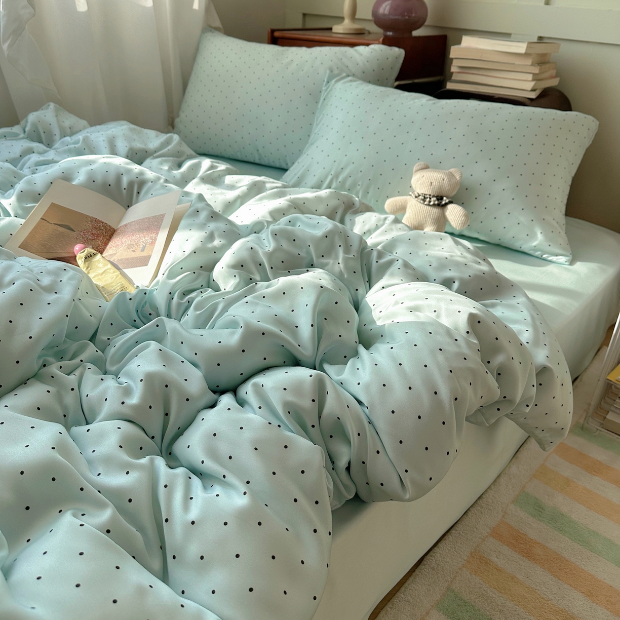 91家纺网 家纺一手货源 找家纺 爱彼家纺 2026新款亲肤印花柔软睡眠床品四件套-冰丝系列 冰丝-青雾波点