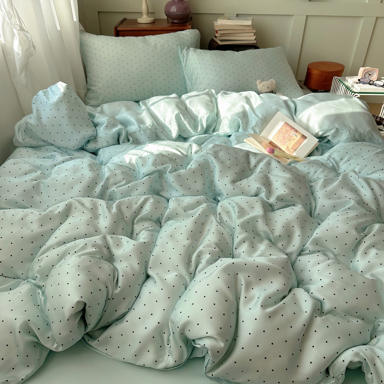 91家纺网 家纺一手货源 找家纺 爱彼家纺 2026新款亲肤印花柔软睡眠床品四件套-冰丝系列 冰丝-青雾波点