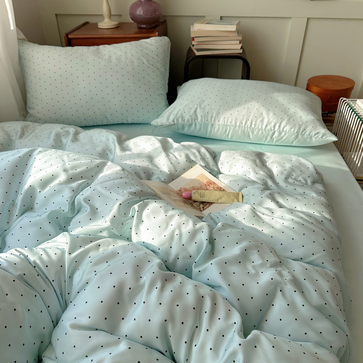 91家纺网 家纺一手货源 找家纺 爱彼家纺 2026新款亲肤印花柔软睡眠床品四件套-冰丝系列 冰丝-青雾波点