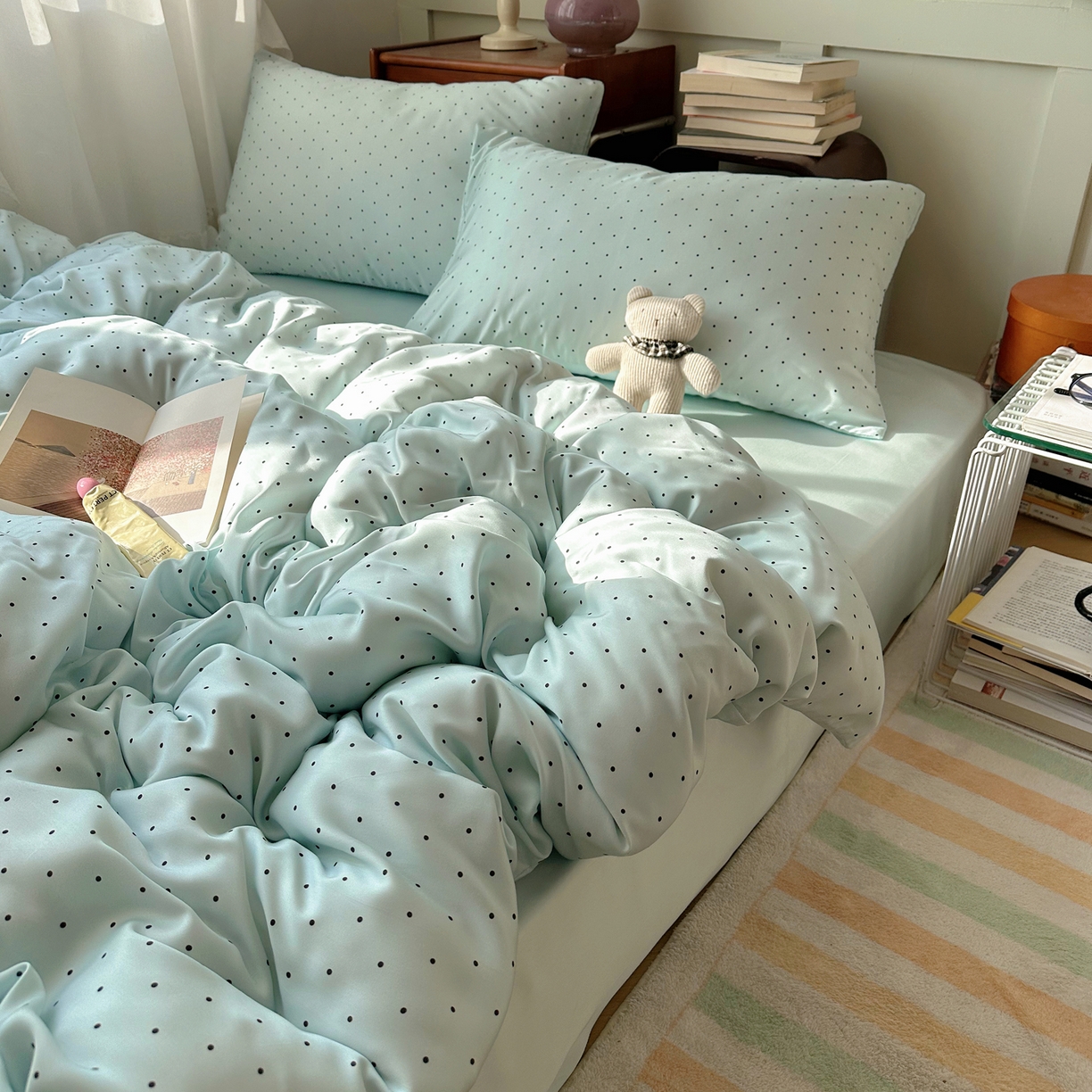 91家纺网 家纺一手货源 找家纺 爱彼家纺 2026新款亲肤印花柔软睡眠床品四件套-冰丝系列 冰丝-青雾波点