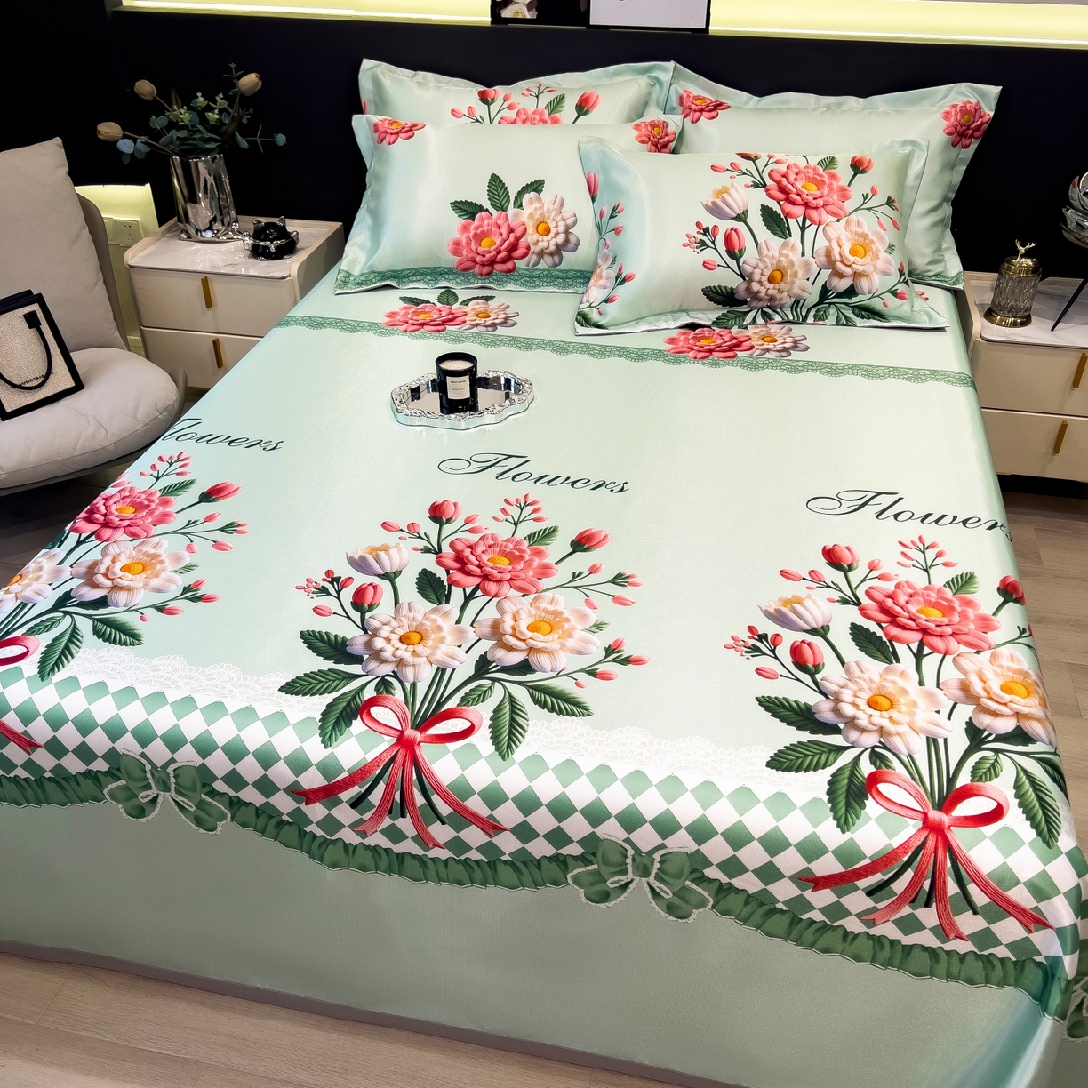 91家纺网 家纺一手货源 找家纺 柏薇 2026新款冰丝凉席床单款凉席三件套系列 晴溪