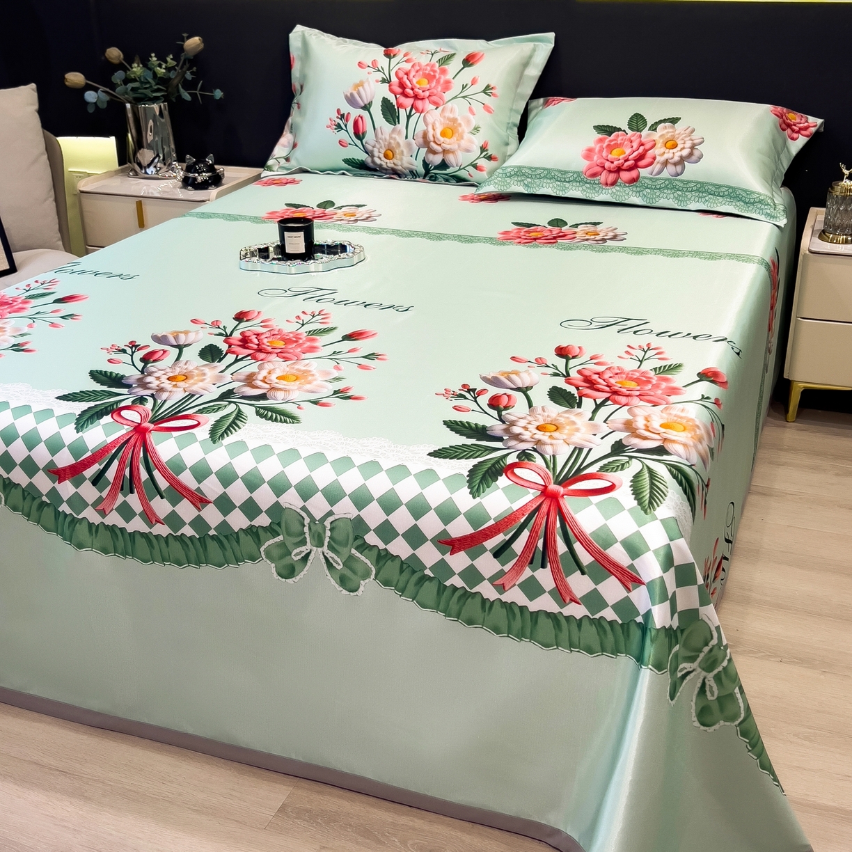 91家纺网 家纺一手货源 找家纺 柏薇 2026新款冰丝凉席床单款凉席三件套系列 晴溪