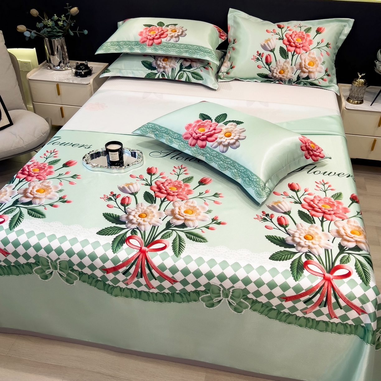 91家纺网 家纺一手货源 找家纺 柏薇 2026新款冰丝凉席床单款凉席三件套系列 晴溪