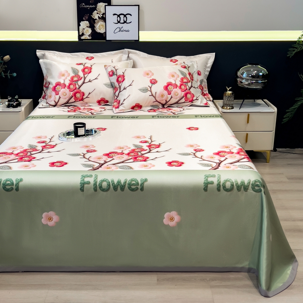 91家纺网 家纺一手货源 找家纺 柏薇 2026新款冰丝凉席床单款凉席三件套系列 桃花姬