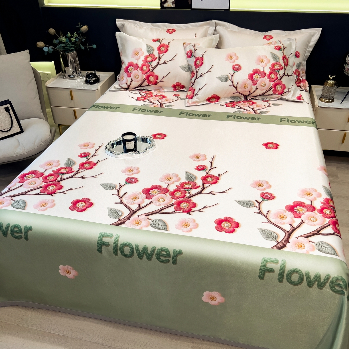 91家纺网 家纺一手货源 找家纺 柏薇 2026新款冰丝凉席床单款凉席三件套系列 桃花姬