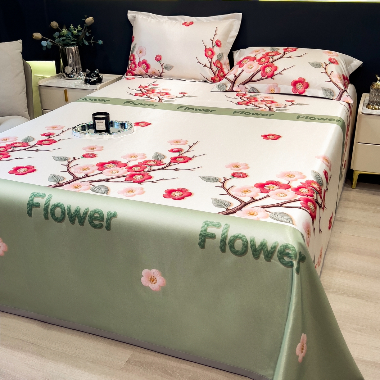 91家纺网 家纺一手货源 找家纺 柏薇 2026新款冰丝凉席床单款凉席三件套系列 桃花姬