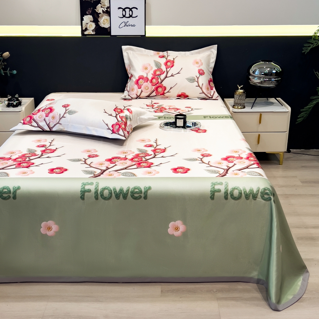 91家纺网 家纺一手货源 找家纺 柏薇 2026新款冰丝凉席床单款凉席三件套系列 桃花姬