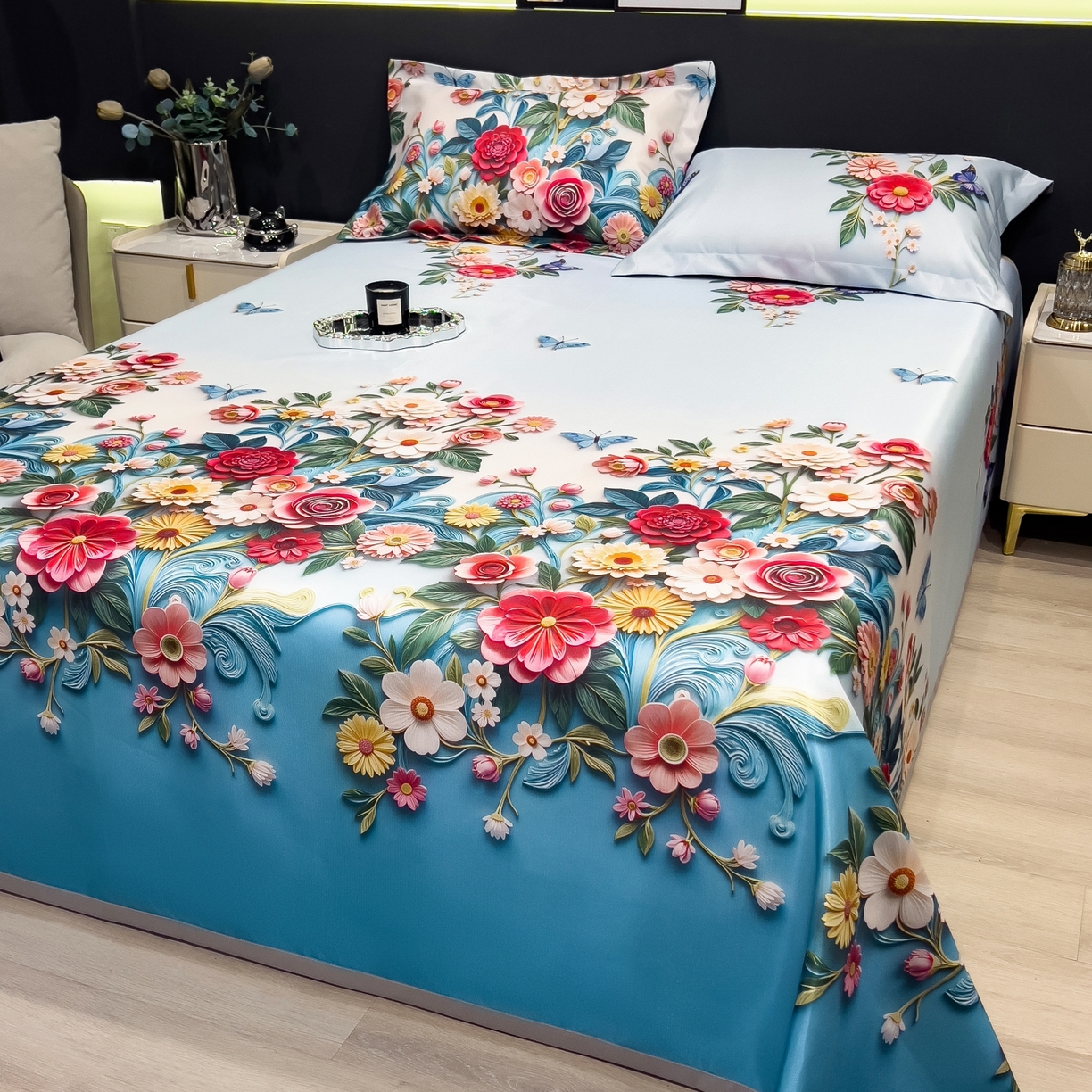 91家纺网 家纺一手货源 找家纺 柏薇 2026新款冰丝凉席床单款凉席三件套系列 晚棠