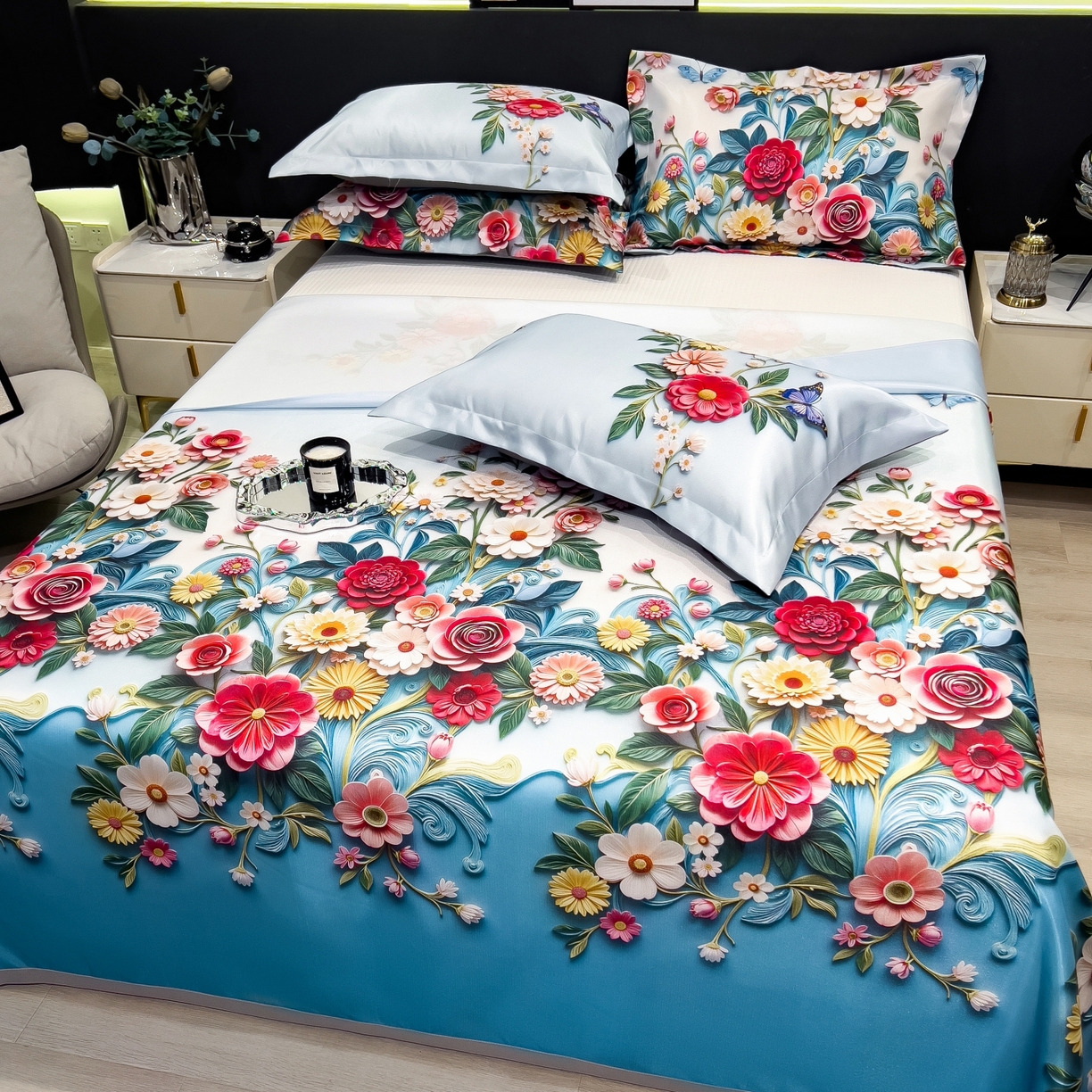 91家纺网 家纺一手货源 找家纺 柏薇 2026新款冰丝凉席床单款凉席三件套系列 晚棠