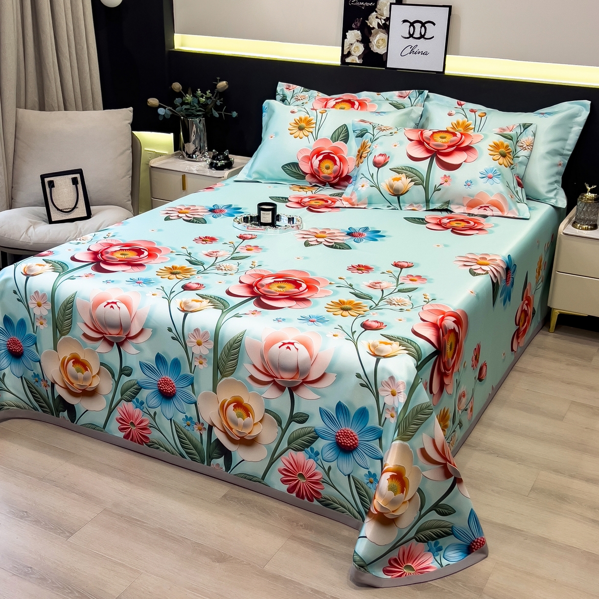 91家纺网 家纺一手货源 找家纺 柏薇 2026新款冰丝凉席床单款凉席三件套系列 芸白