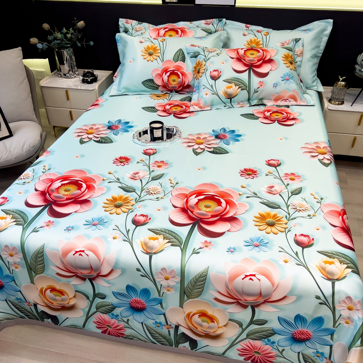 91家纺网 家纺一手货源 找家纺 柏薇 2026新款冰丝凉席床单款凉席三件套系列 芸白