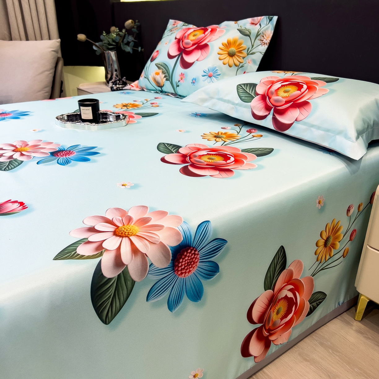 91家纺网 家纺一手货源 找家纺 柏薇 2026新款冰丝凉席床单款凉席三件套系列 芸白