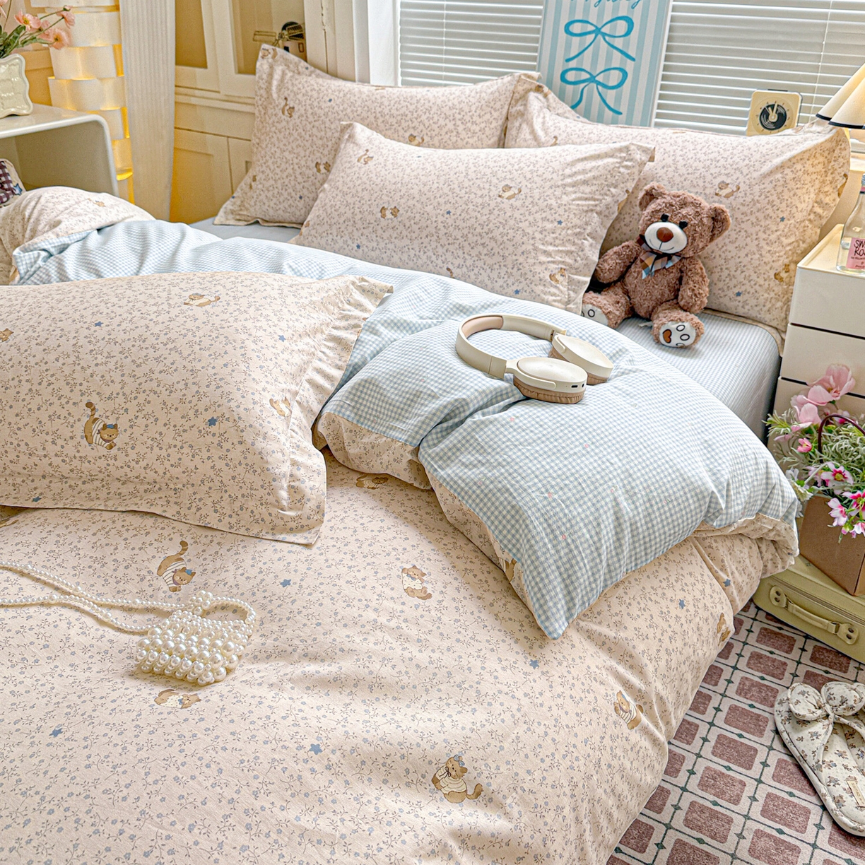 91家纺网 家纺一手货源 找家纺 董成龙家纺 2026春夏新款100%全棉纯棉印花四件套印花卡通系列三件套（喷气工艺） 明洞喵喵