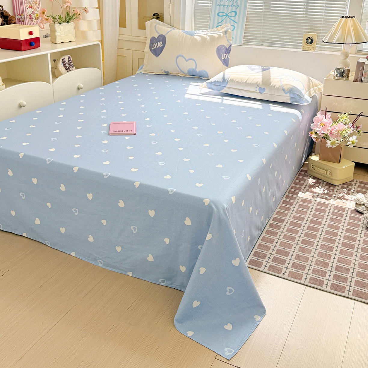 91家纺网 家纺一手货源 找家纺 董成龙家纺 2026春夏新款100%全棉纯棉印花四件套印花卡通系列三件套（喷气工艺） 奶油爱心-蓝