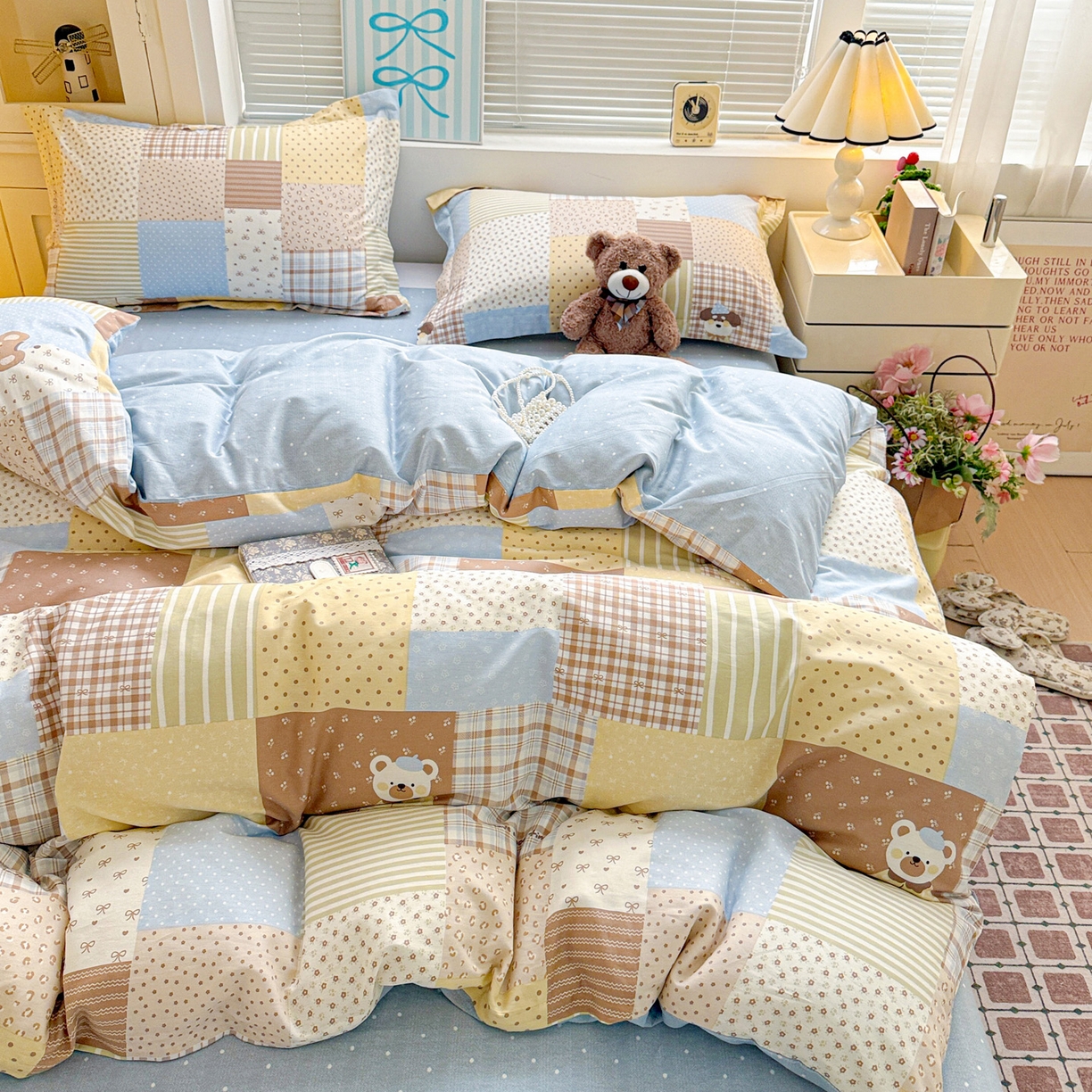 91家纺网 家纺一手货源 找家纺 董成龙家纺 2026春夏新款100%全棉纯棉印花四件套印花卡通系列三件套（喷气工艺） 拼布萌熊