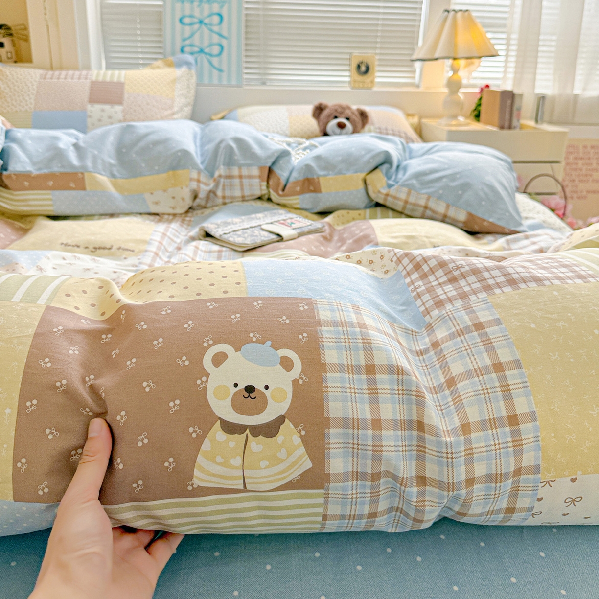 91家纺网 家纺一手货源 找家纺 董成龙家纺 2026春夏新款100%全棉纯棉印花四件套印花卡通系列三件套（喷气工艺） 拼布萌熊