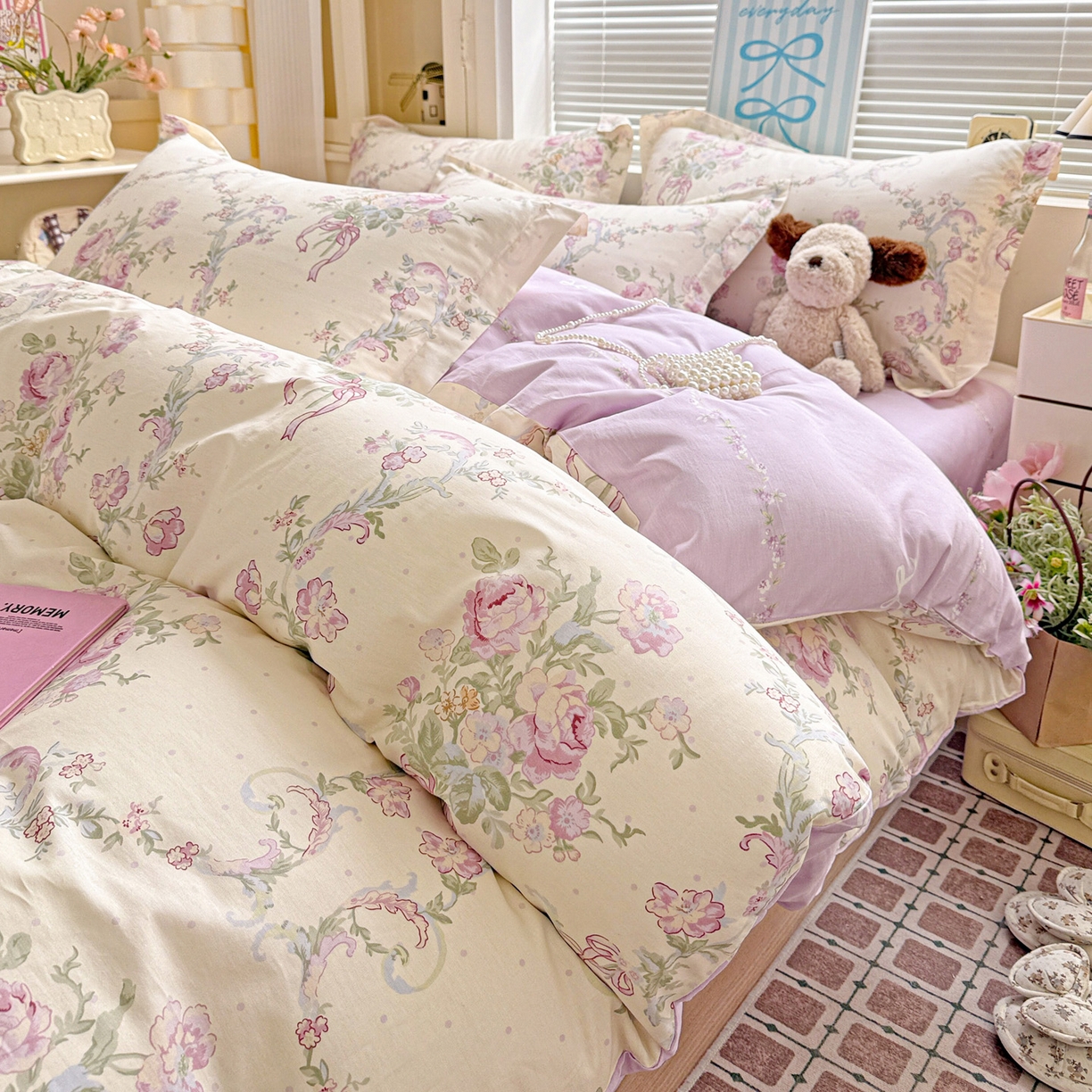 91家纺网 家纺一手货源 找家纺 董成龙家纺 2026春夏新款100%全棉纯棉印花四件套印花卡通系列三件套（喷气工艺） 千紫花语