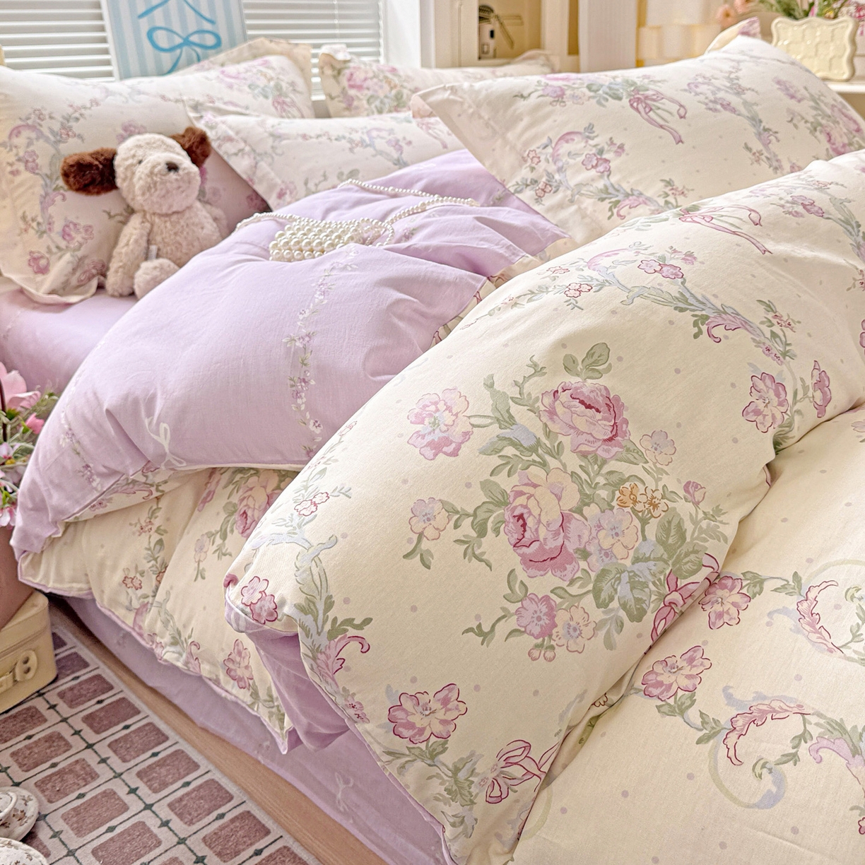 91家纺网 家纺一手货源 找家纺 董成龙家纺 2026春夏新款100%全棉纯棉印花四件套印花卡通系列三件套（喷气工艺） 千紫花语