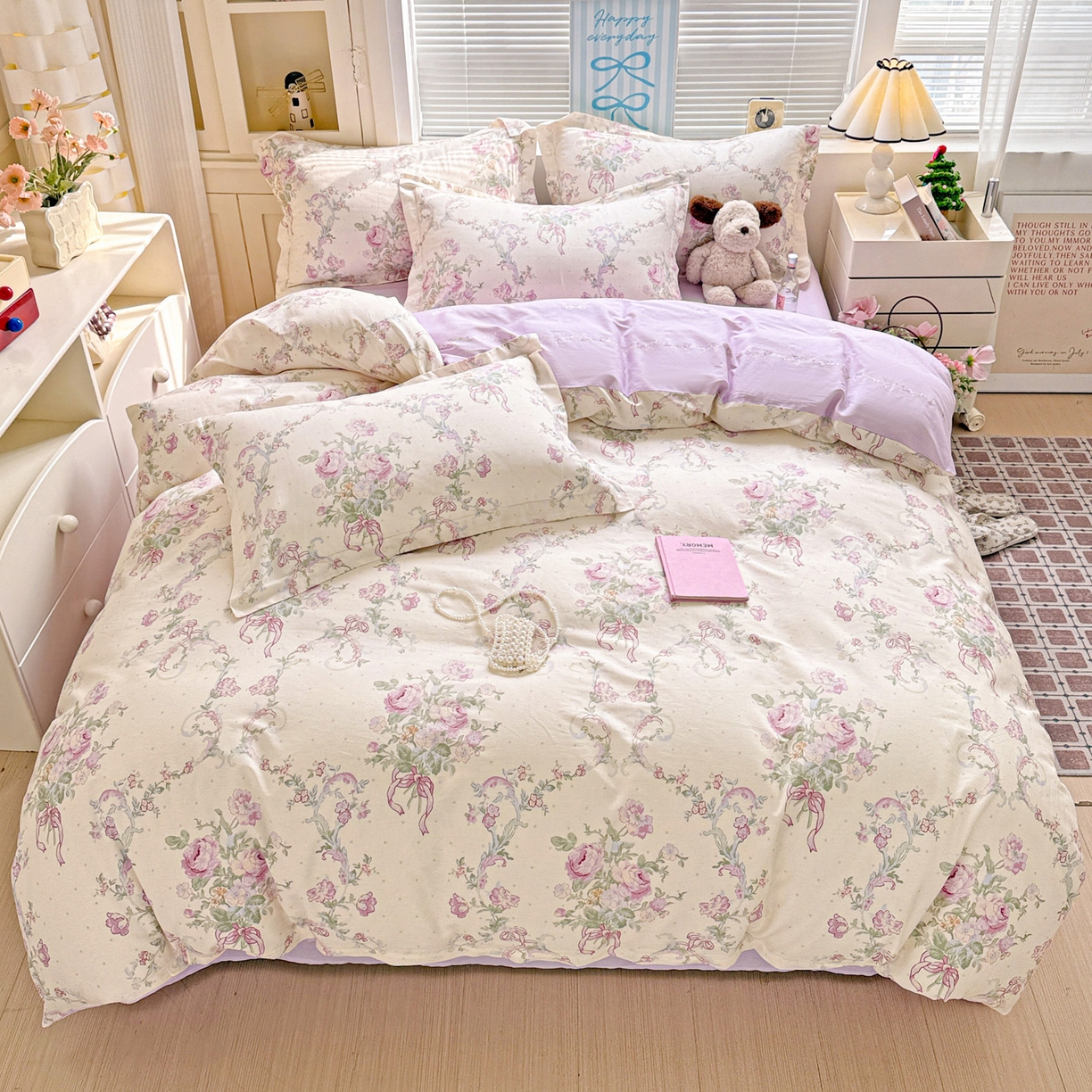 91家纺网 家纺一手货源 找家纺 董成龙家纺 2026春夏新款100%全棉纯棉印花四件套印花卡通系列三件套（喷气工艺） 千紫花语