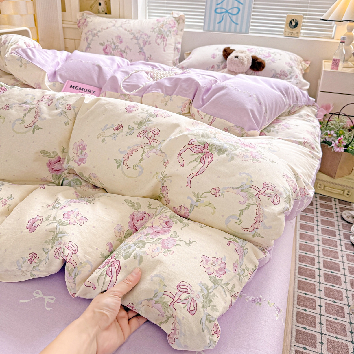 91家纺网 家纺一手货源 找家纺 董成龙家纺 2026春夏新款100%全棉纯棉印花四件套印花卡通系列三件套（喷气工艺） 千紫花语