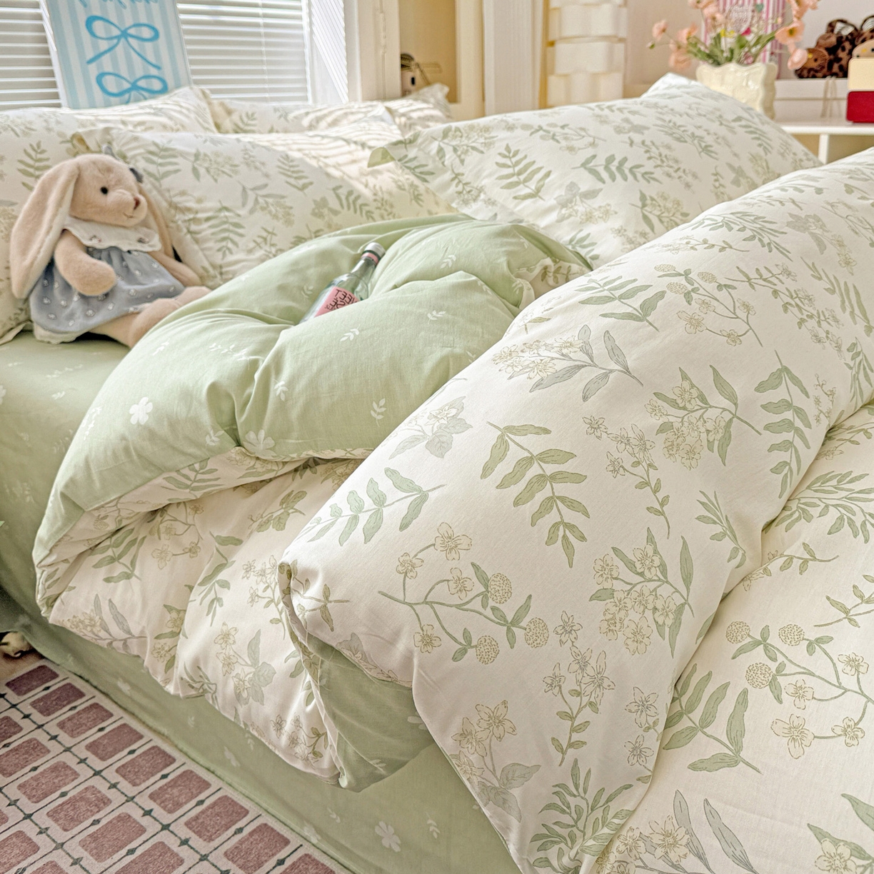 91家纺网 家纺一手货源 找家纺 董成龙家纺 2026春夏新款100%全棉纯棉印花四件套印花卡通系列三件套（喷气工艺） 青梅温茶-绿