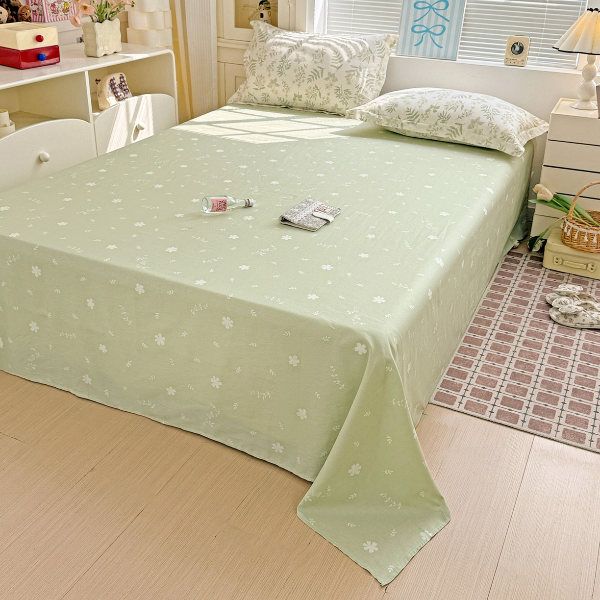 91家纺网 家纺一手货源 找家纺 董成龙家纺 2026春夏新款100%全棉纯棉印花四件套印花卡通系列三件套（喷气工艺） 青梅温茶-绿