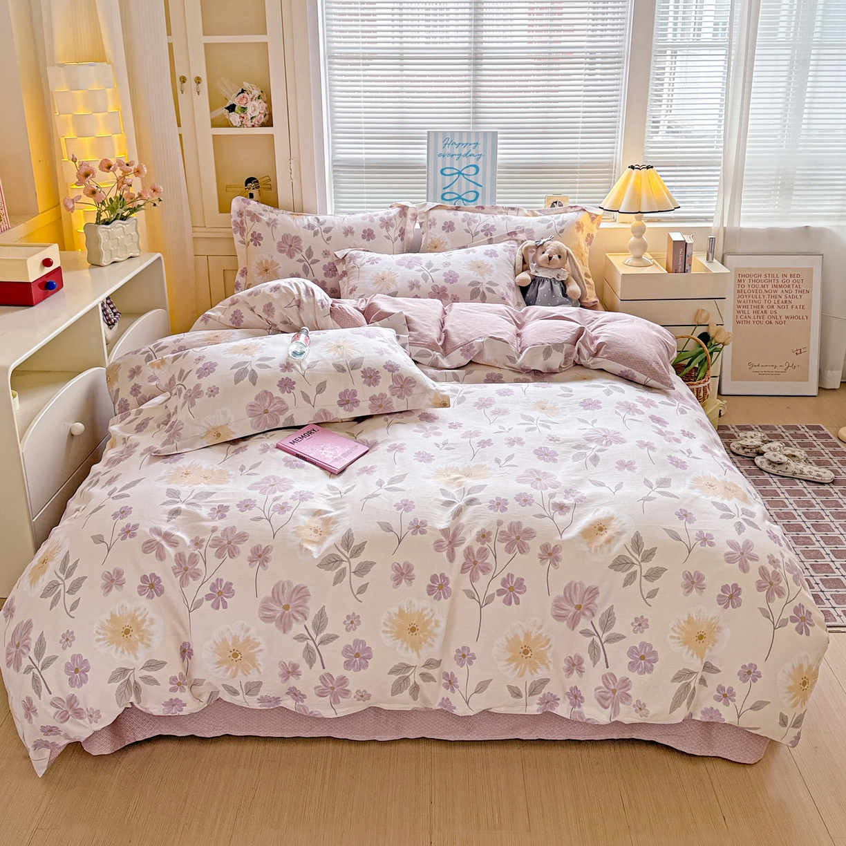 91家纺网 家纺一手货源 找家纺 董成龙家纺 2026春夏新款100%全棉纯棉印花四件套印花卡通系列三件套（喷气工艺） 秋日确幸-豆沙