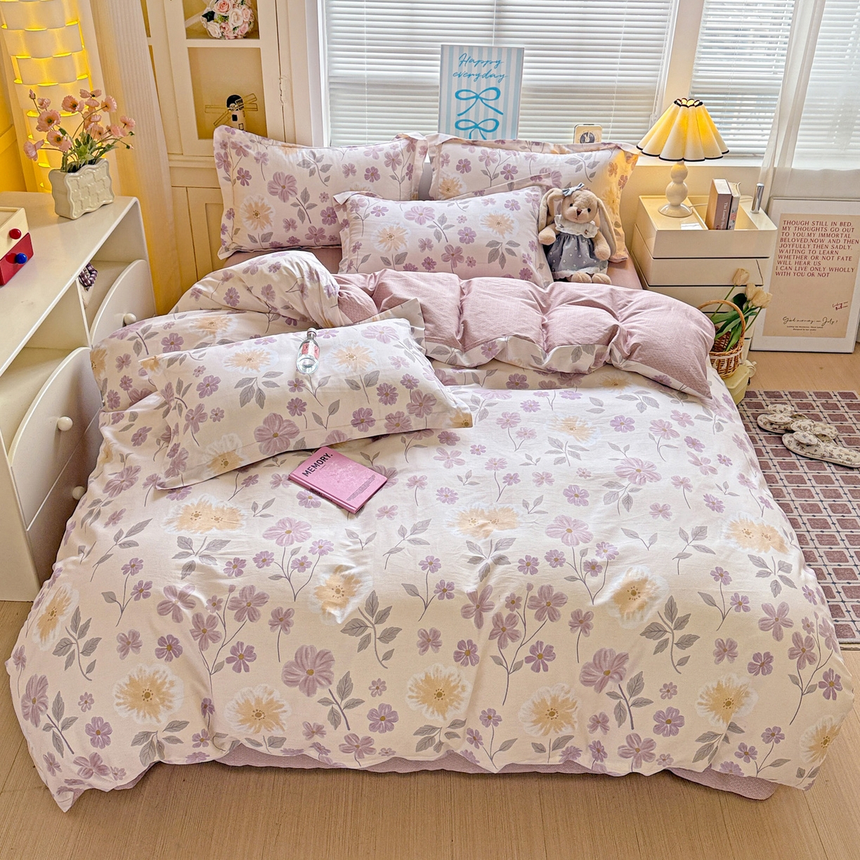 91家纺网 家纺一手货源 找家纺 董成龙家纺 2026春夏新款100%全棉纯棉印花四件套印花卡通系列三件套（喷气工艺） 秋日确幸-豆沙