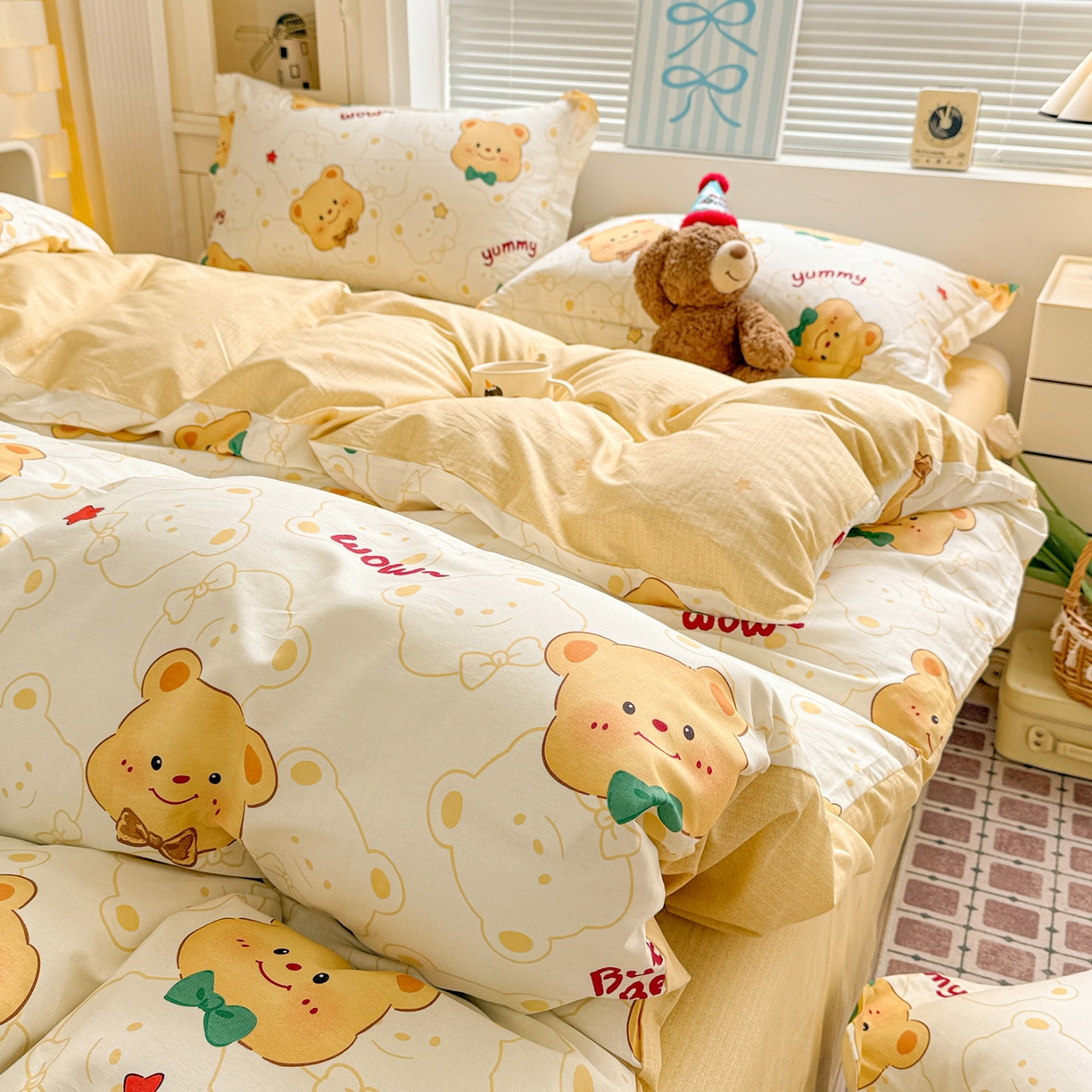 91家纺网 家纺一手货源 找家纺 董成龙家纺 2026春夏新款100%全棉纯棉印花四件套印花卡通系列三件套（喷气工艺） 瑞迪熊