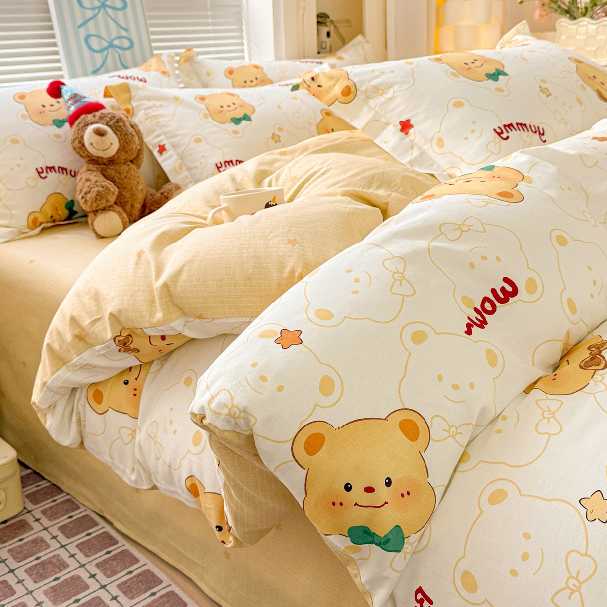 91家纺网 家纺一手货源 找家纺 董成龙家纺 2026春夏新款100%全棉纯棉印花四件套印花卡通系列三件套（喷气工艺） 瑞迪熊