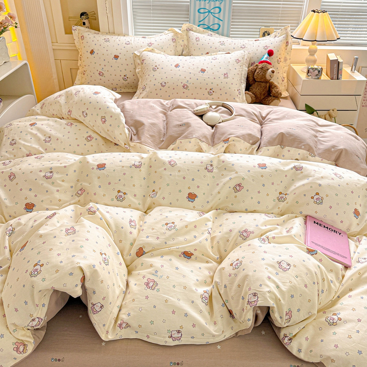 91家纺网 家纺一手货源 找家纺 董成龙家纺 2026春夏新款100%全棉纯棉印花四件套印花卡通系列三件套（喷气工艺） 甜梦喵语