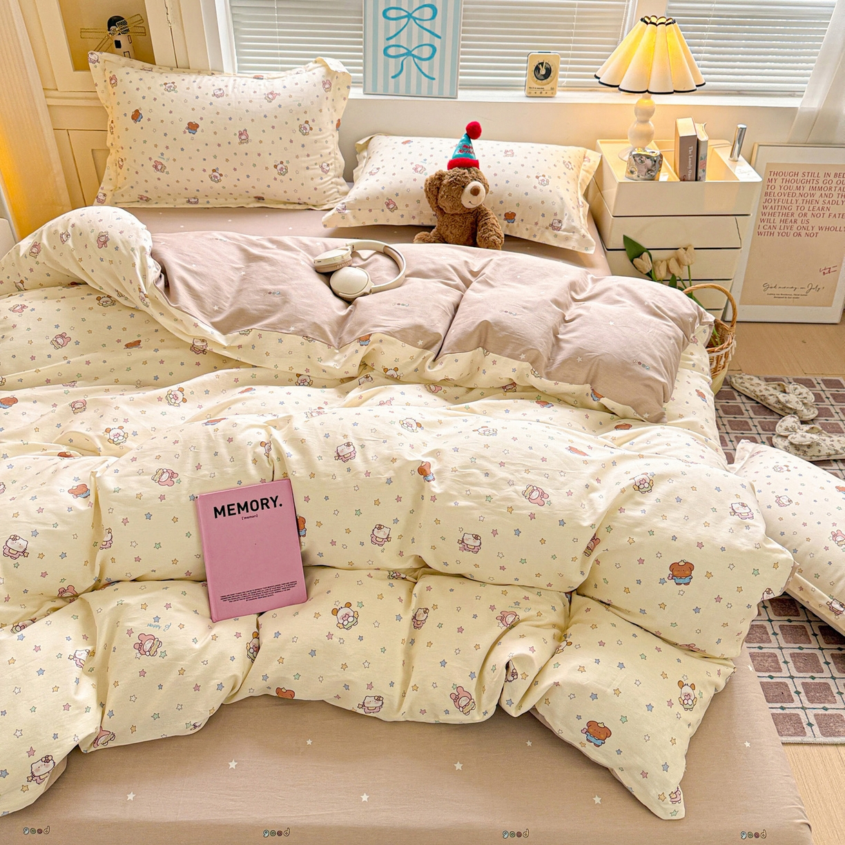 91家纺网 家纺一手货源 找家纺 董成龙家纺 2026春夏新款100%全棉纯棉印花四件套印花卡通系列三件套（喷气工艺） 甜梦喵语