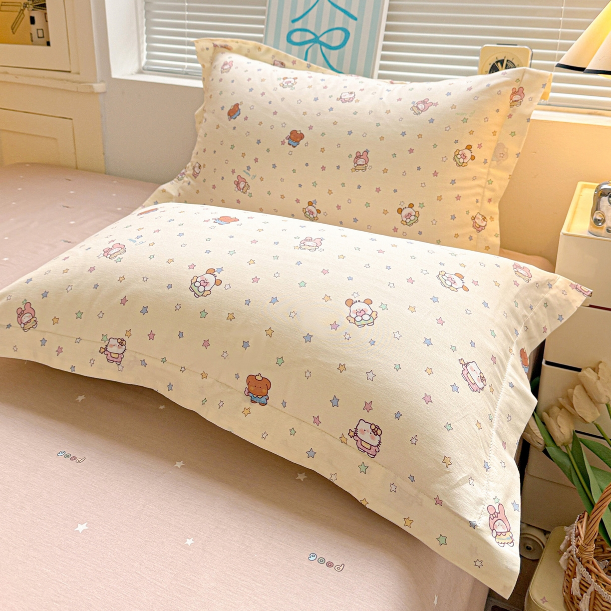 91家纺网 家纺一手货源 找家纺 董成龙家纺 2026春夏新款100%全棉纯棉印花四件套印花卡通系列三件套（喷气工艺） 甜梦喵语