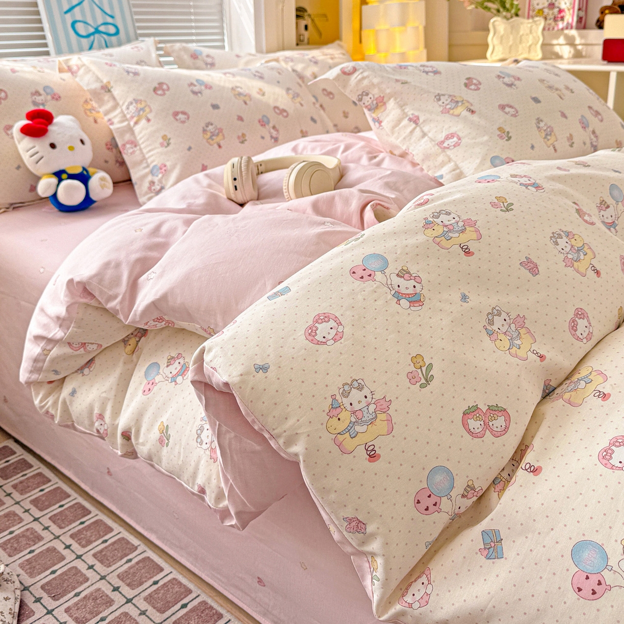 91家纺网 家纺一手货源 找家纺 董成龙家纺 2026春夏新款100%全棉纯棉印花四件套印花卡通系列三件套（喷气工艺） 甜梦团团