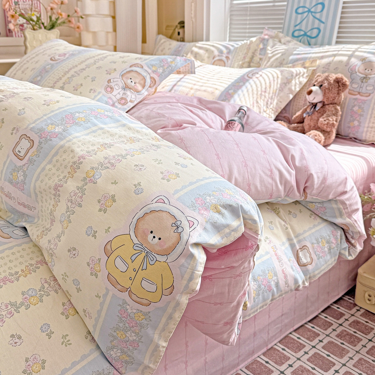 董成龙家纺 2026春夏新款100%全棉纯棉印花四件套印花卡通系列三件套（喷气工艺） 甜甜圈小熊