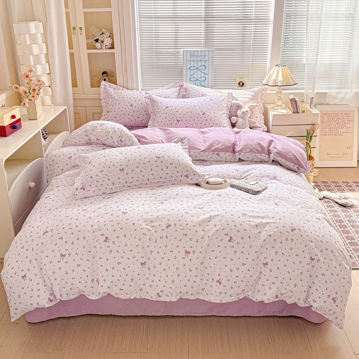 91家纺网 家纺一手货源 找家纺 董成龙家纺 2026春夏新款100%全棉纯棉印花四件套印花卡通系列三件套（喷气工艺） 童话花町