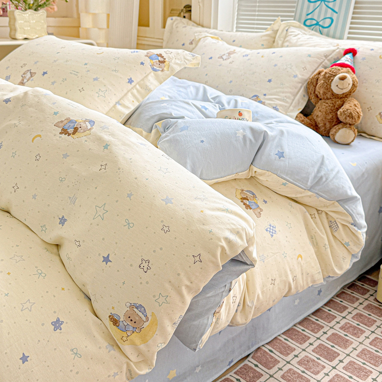 董成龙家纺 2026春夏新款100%全棉纯棉印花四件套印花卡通系列三件套（喷气工艺） 星眠小熊