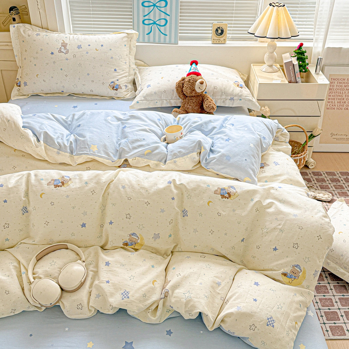 91家纺网 家纺一手货源 找家纺 董成龙家纺 2026春夏新款100%全棉纯棉印花四件套印花卡通系列三件套（喷气工艺） 星眠小熊