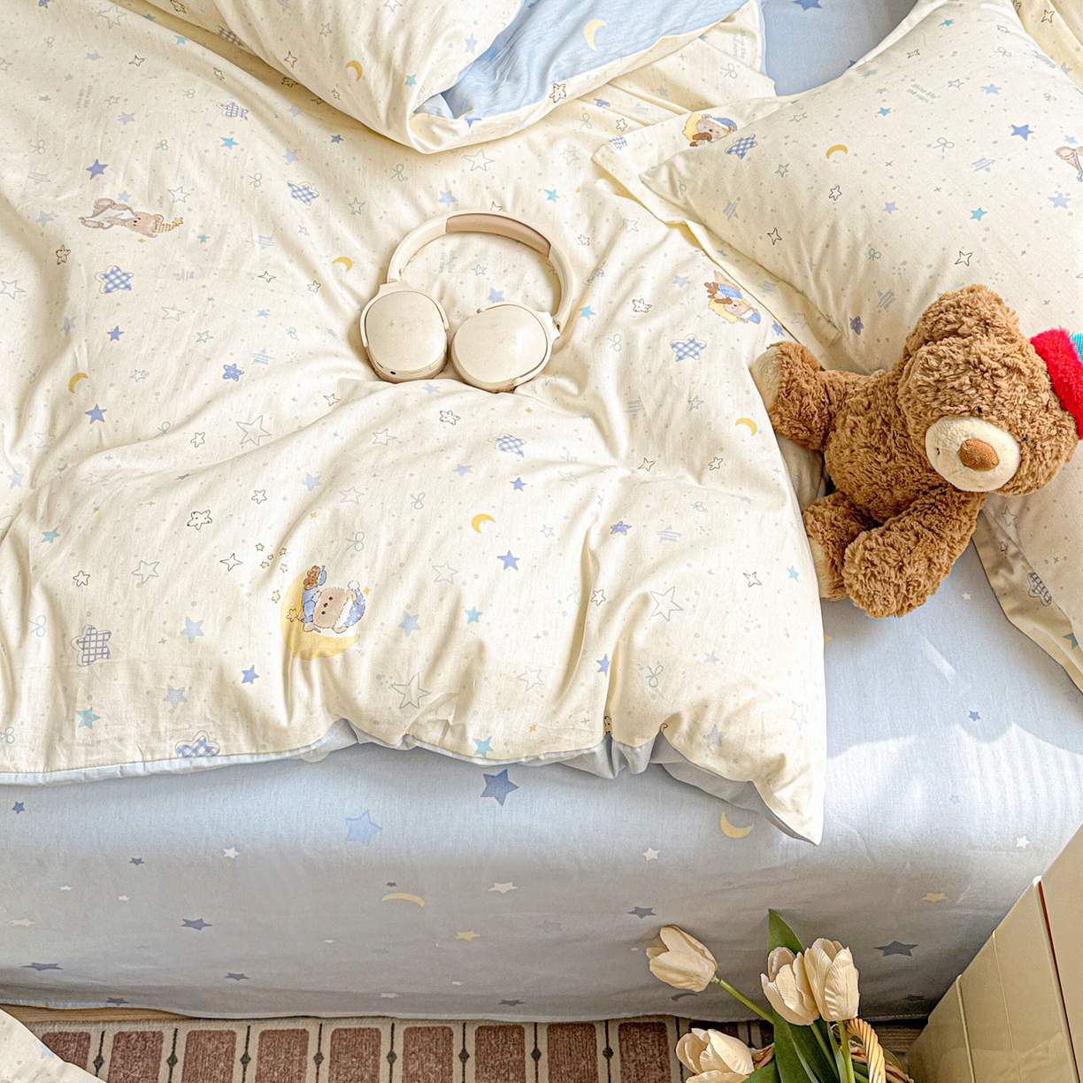 91家纺网 家纺一手货源 找家纺 董成龙家纺 2026春夏新款100%全棉纯棉印花四件套印花卡通系列三件套（喷气工艺） 星眠小熊