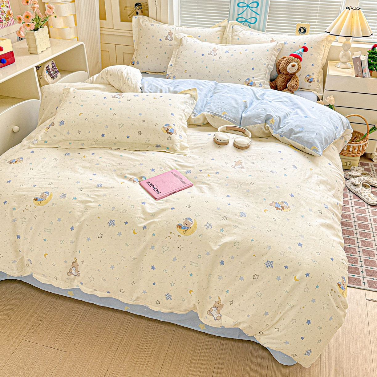 91家纺网 家纺一手货源 找家纺 董成龙家纺 2026春夏新款100%全棉纯棉印花四件套印花卡通系列三件套（喷气工艺） 星眠小熊