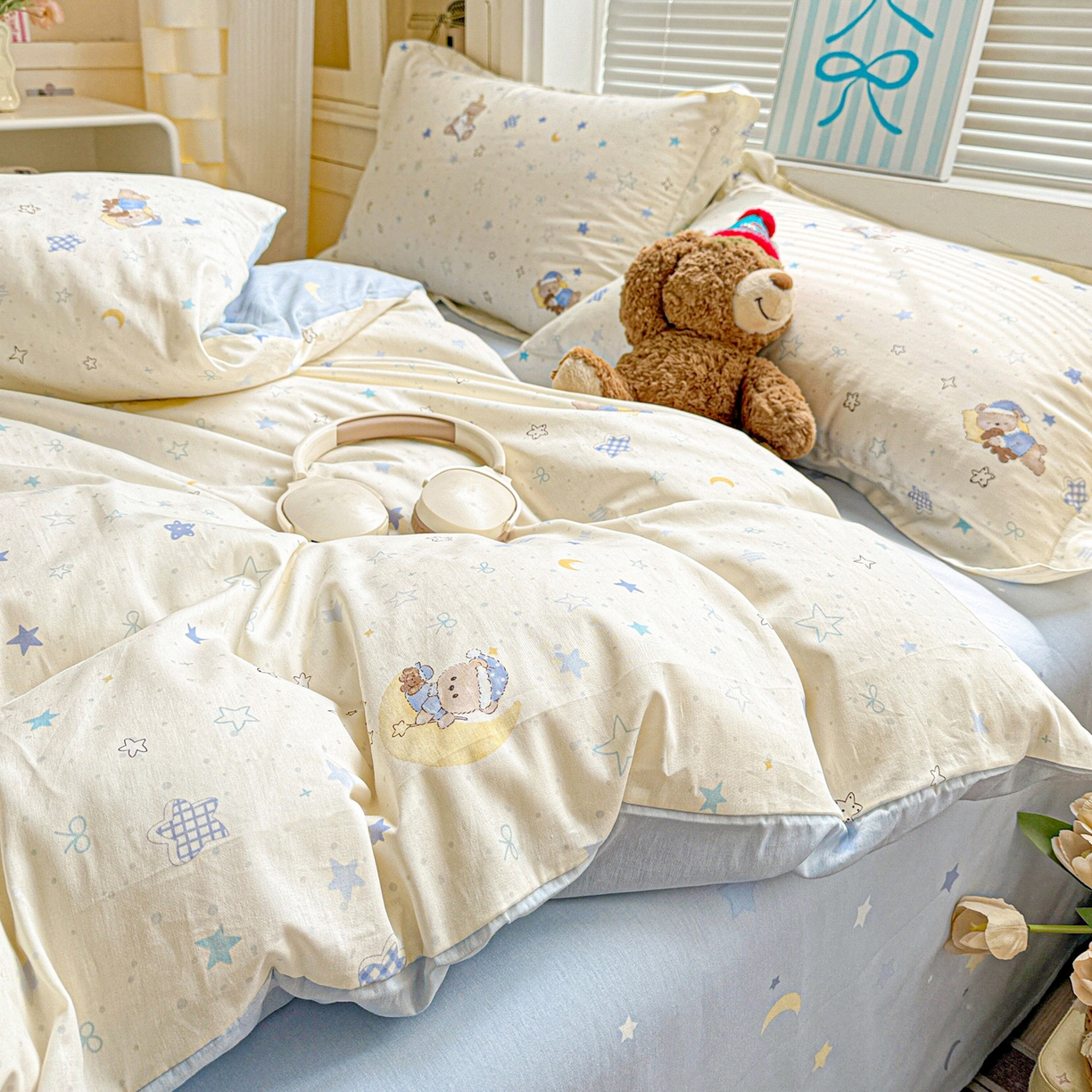 91家纺网 家纺一手货源 找家纺 董成龙家纺 2026春夏新款100%全棉纯棉印花四件套印花卡通系列三件套（喷气工艺） 星眠小熊