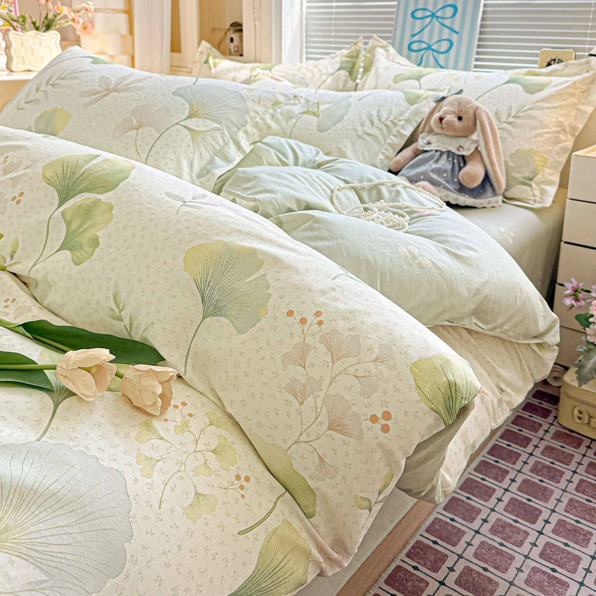 91家纺网 家纺一手货源 找家纺 董成龙家纺 2026春夏新款100%全棉纯棉印花四件套印花卡通系列三件套（喷气工艺） 银杏疏影