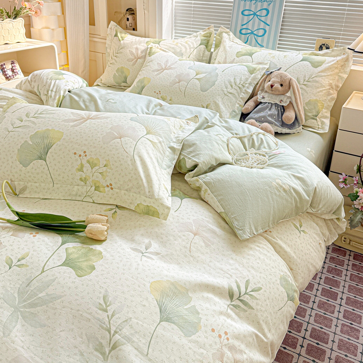 91家纺网 家纺一手货源 找家纺 董成龙家纺 2026春夏新款100%全棉纯棉印花四件套印花卡通系列三件套（喷气工艺） 银杏疏影