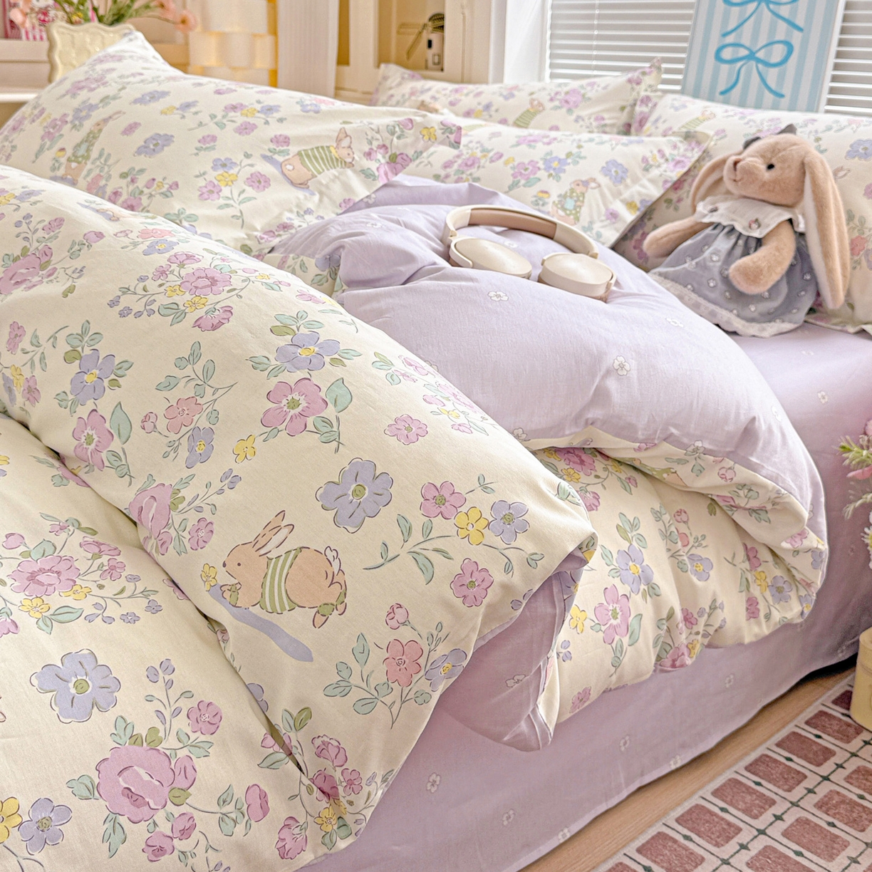 董成龙家纺 2026春夏新款100%全棉纯棉印花四件套印花卡通系列三件套（喷气工艺） 醉花兔